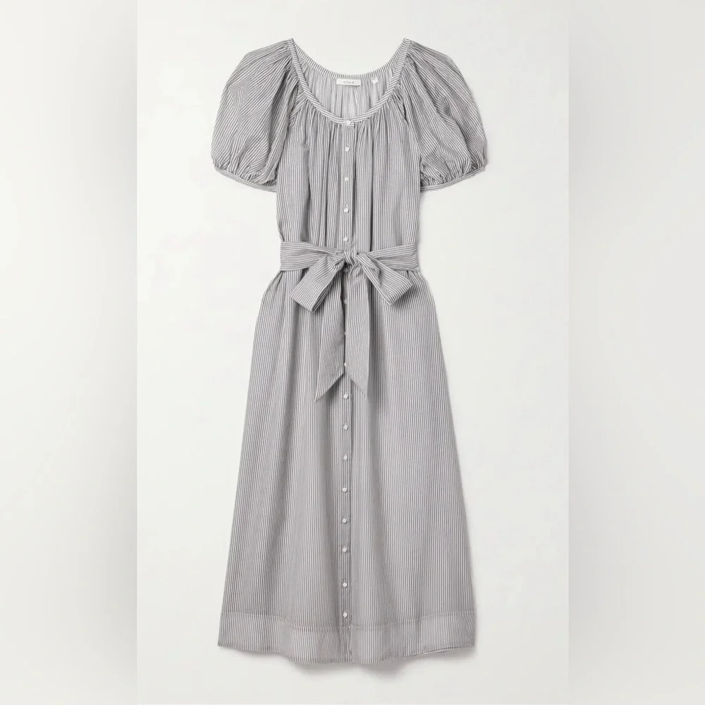 DÔEN Juno Belted Striped Brighton Midi Dress, Puff Sleeve, Cottagecore, Belt, XS - Picture 1 of 15